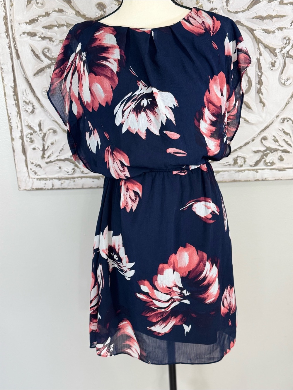 The Limited Navy Floral Sleeveless Summer Dress with Pink & White Blooms